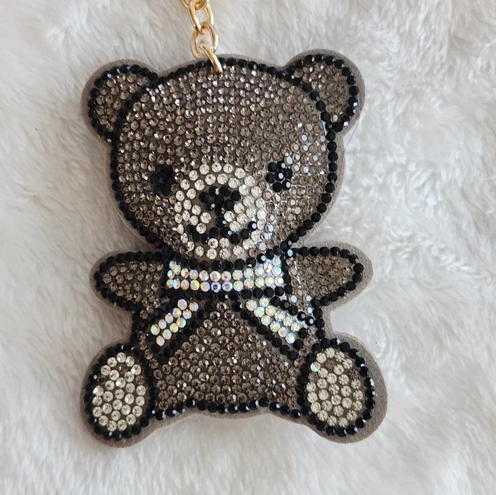 Teddy Bear Gray Rhinestone Keychain Bag Charm